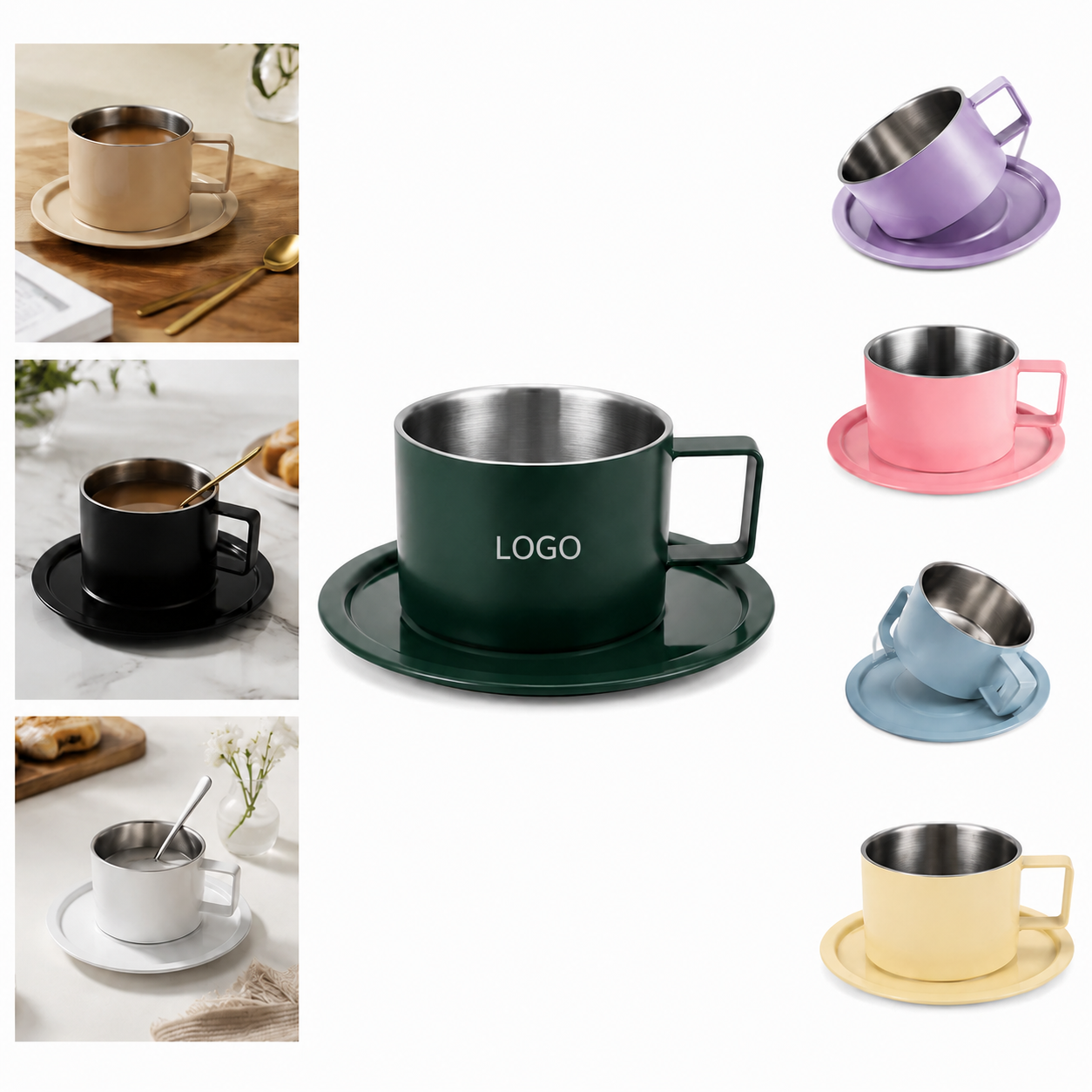 Mugs in different colors with examples of logo placement