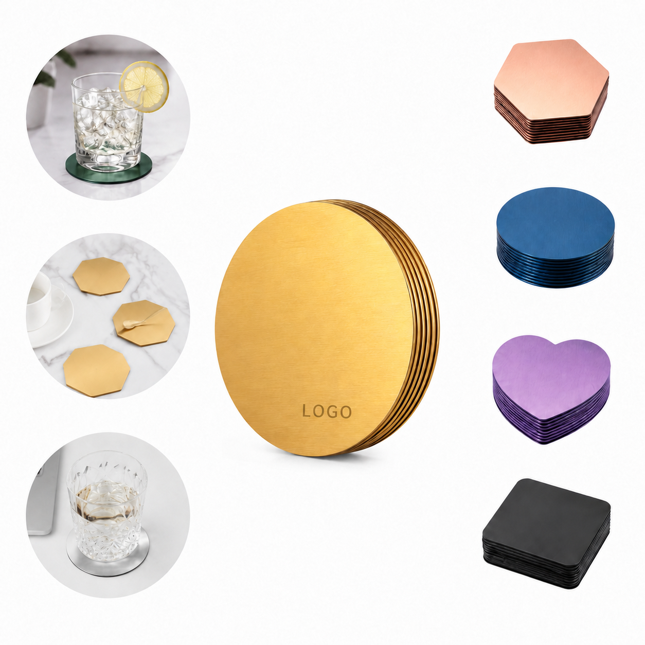 Brushed Metal Coaster Set with Multiple Shapes and Colors