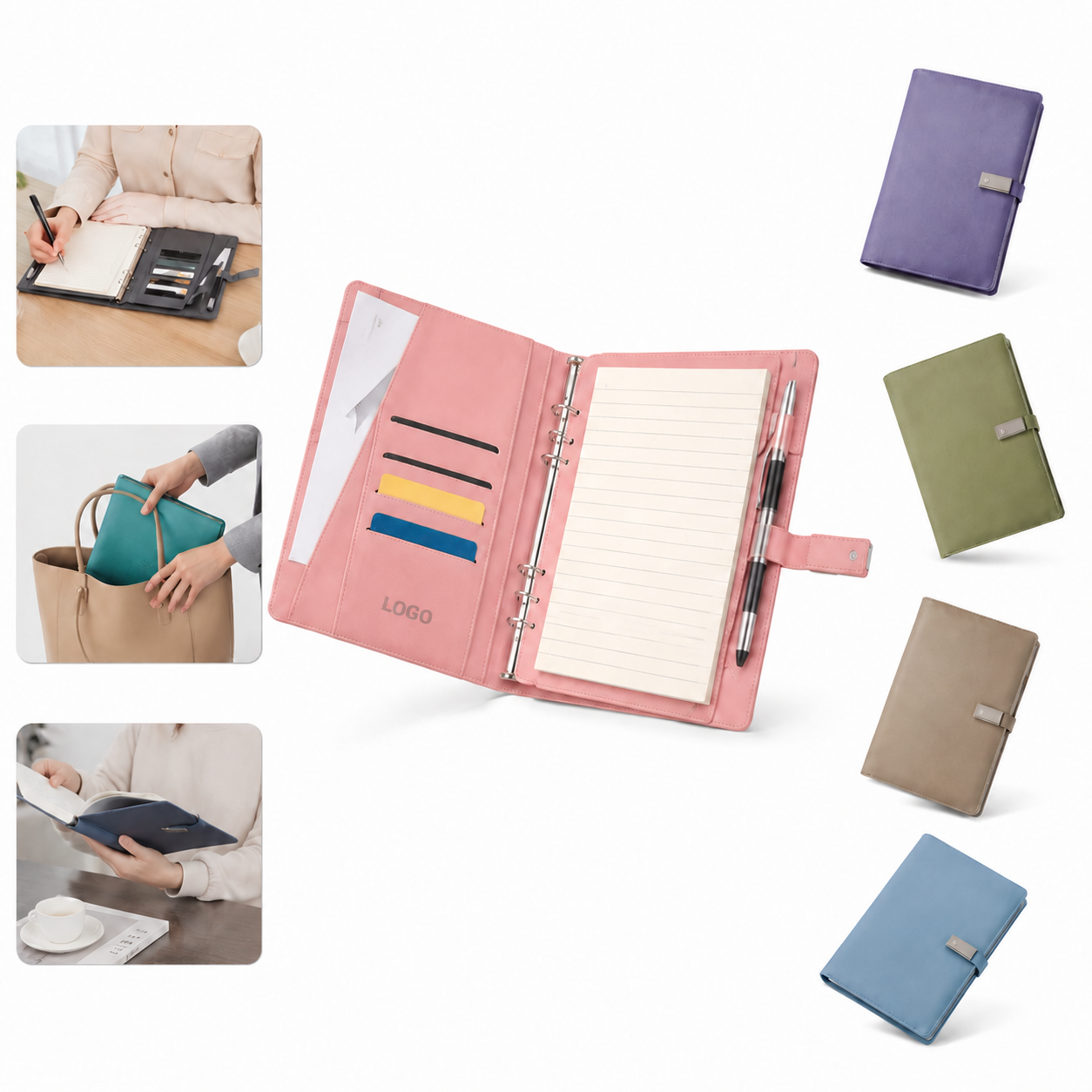 Multi-Color PU Leather Padfolio with Pen Holder and Card Slots