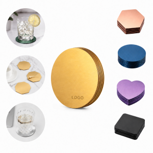Brushed Metal Coaster Set with Multiple Shapes and Colors